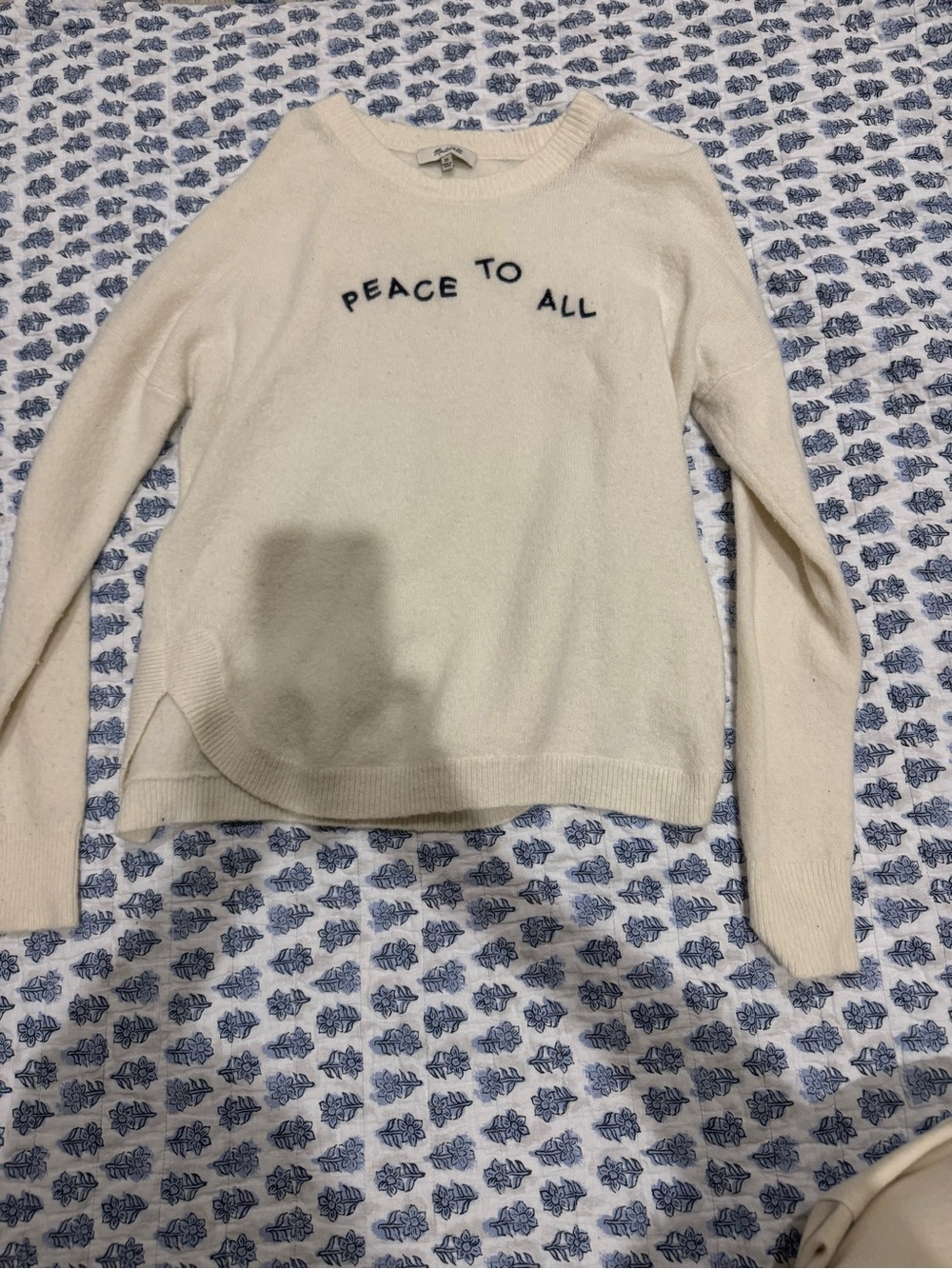 Madewell Cream Crewneck Sweater with Navy 'Peace To All' Embroidery